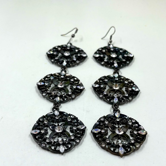 Extra Long Black Dangle Earrings With Crystal Accents - Picture 2 of 4